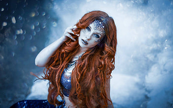 Mermaid, blue, model, girl, woman, summer, redhead, siren, vara HD wallpaper