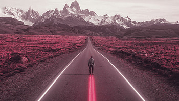 Road Neon Lights Man Mountain Pink , road, alone, artist, artwork, digital-art HD wallpaper