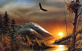 Landscape, Rivers, Sunset, Art, Mountains, Sun HD wallpaper