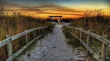 Sunset Pathway, path, grass, rustic, Firefox Persona theme, sunrise, beach, arch, fence, sky, sunset HD wallpaper