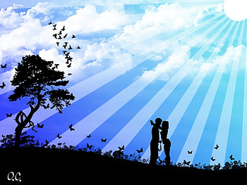 Love in the Spring Time, blue sky, butterflies, birds, moonlight rays, moon, lovers, tree HD wallpaper