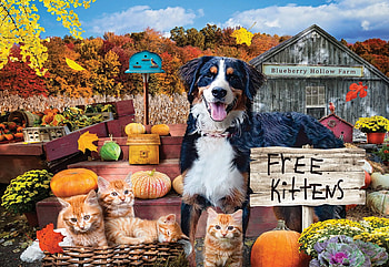 Blueberry Hollow Farm, dog, pumpkins, leaves, painting, autumn, cats, trees HD wallpaper