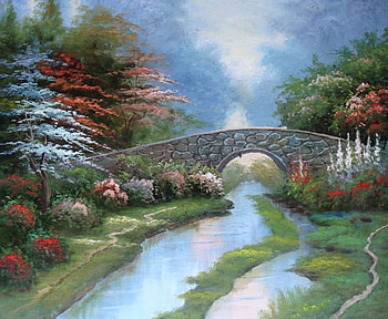 Country Creek, bridge, creek, plants, painting HD wallpaper