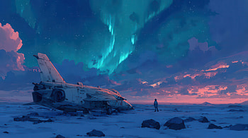 A Man Near Crashed Plane Aurora Stranded Under The Northern Lights, aurora, northern-lights, sky, clouds, cloud, snow, artist, artwork, art, digital-art, ai, deviantart HD wallpaper