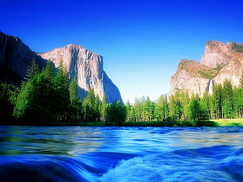 Forest lake, landscape, trees, sky, mountains, sun, forest, lake HD wallpaper