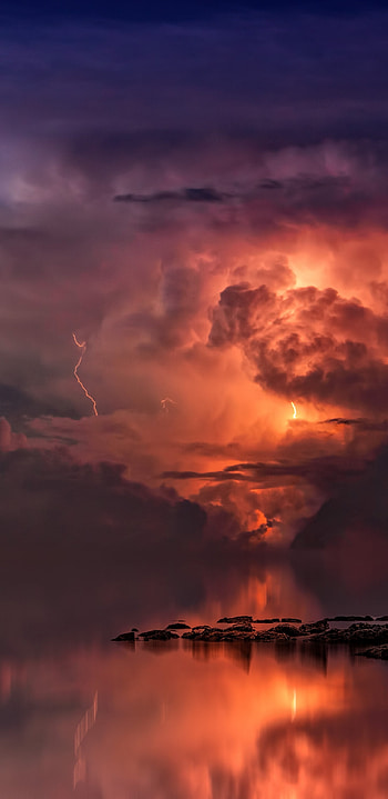 thunderstorm dense, Clouds sea reflections, Sky Samsung Galaxy, Thunder HD phone wallpaper