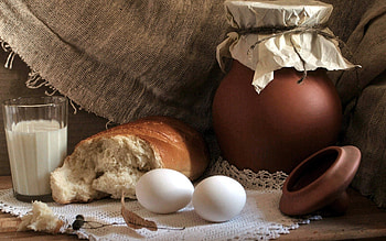 Pitcher of groceries, Food essentials, Breakfast necessities, Kitchen supplies HD wallpaper