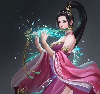 Flute singer, frumusete, pink, flute, fantasy, magical, green, singer, girl HD wallpaper