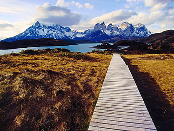 Nature, Mountains, Lake, Road, Planks, Board HD wallpaper