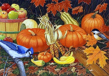 Autumn Bounty, birds, garden, colors, corns, paintings, pumpkins, love four seasons, leaves, apples, animals, autumn, harvest, fall season HD wallpaper