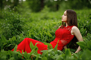 Red Dressed Beauty Reclining On Green Grass, red-dress, girls, model HD wallpaper