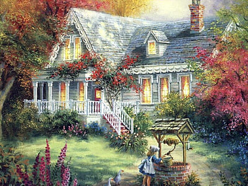 summer charm, porch, house, flowers, girl, blooms, well, tree HD wallpaper