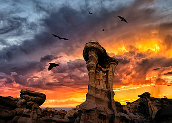 Nature, Birds, Sunset, Clouds, Rocks, Stone HD wallpaper