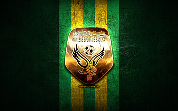JS Saoura, golden logo, Algerian Ligue Professionnelle 1, green metal background, football, Algerian football club, JS Saoura logo, soccer, JSS, Jeunesse Sportive Saoura HD wallpaper