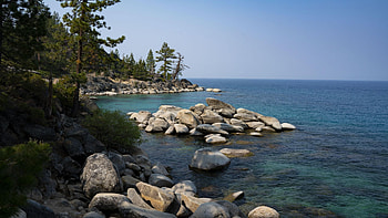 Emerald Cove, Lake Tahoe, Nevada, trees, sky, rocks, water, usa, stones HD wallpaper