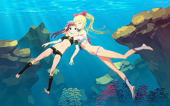 caught you, sea, angle socks, coral, blonde, sunlight, sunbeams, bikinis, rocks, anime, pretty, swiming, red head, girls, water, bow HD wallpaper