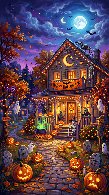 Moonlit Pumpkin Lane — Halloween , Haunted House, Jack-o'-lantern, Ghost HD phone wallpaper