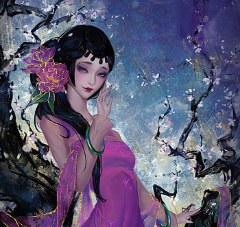 Beauty, frumusete, fantasy, art, girl, spring, night, gorgeous, purple, yanmin ji, superb HD wallpaper