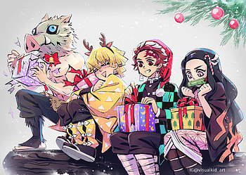 Demon Slayer Christmas — Tanjiro, Nezuko & Zenitsu, anime christmas, Demon Slayer: Kimetsu no Yaiba, Tanjiro Kamado, Nezuko Kamado, Zenitsu Agatsuma HD wallpaper
