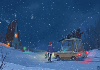 Winter, Art, Car, Child, Snowfall HD wallpaper