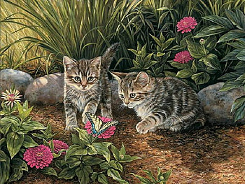 Kitten brothers, kitten, painting, art, flower, garden, cat, pet HD wallpaper