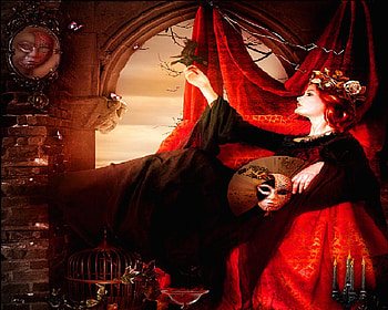 Fantasy Woman, bird, window, red, masks, birdcage, woman, fan HD wallpaper