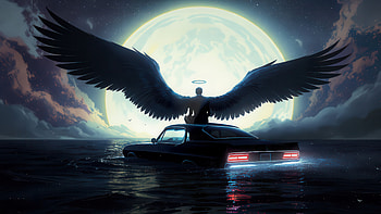 Angel At The End Of The Road, angel, car, sea, moon, artist, artwork, art, digital-art, water, ai, deviantart HD wallpaper