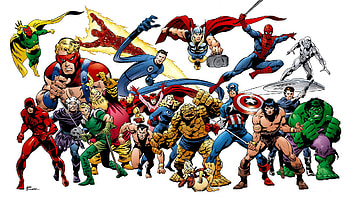 Flash, Thing (Marvel Comics), Spider Man, Comics, Collage, Captain America, Hulk, Human Torch (Marvel Comics), Iron Man, Mister Fantastic, Scarlet Witch, Silver Surfer, Thor HD wallpaper