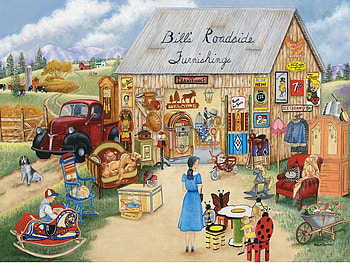 Bill's Roadside Furnishings, artwork, painting, car, furnishes, dogs, people HD wallpaper