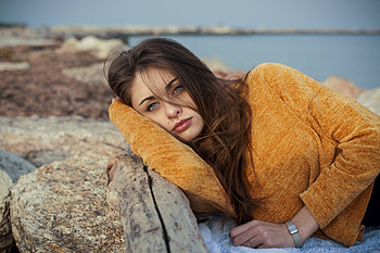 Blue Eyes Orange Sweater Girl , blue-eyes, girls, model HD wallpaper