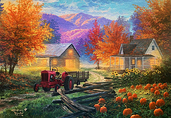 The Pumpkin Harvest, barn, house, artwork, painting, field, trees, autumn, tractor, mountains HD wallpaper