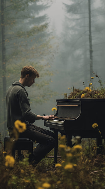 Forest Serenade - Piano, man, piano, forest, music, nature HD phone wallpaper