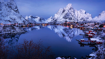 The Lofoten Islands, Norway, sea, winter, snow, clouds, sky, water, houses, reflections HD wallpaper