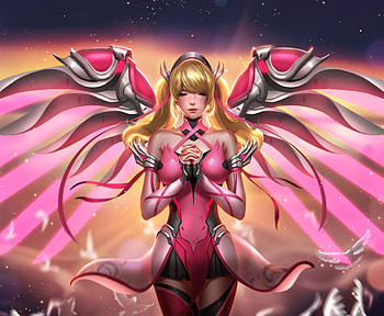 Pink costume, mercy, overwatch, art HD wallpaper