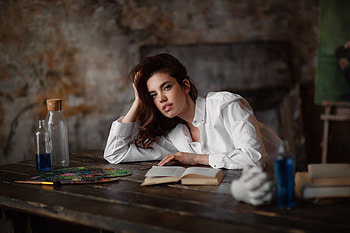 White shirt, woman model, reading HD wallpaper