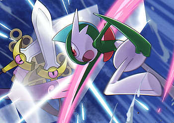 Safebooru battle, Blue background, Commentaries and requests, Striking Gallade visuals HD wallpaper
