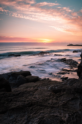 Nature, Sunset, Sea, Clouds, Rocks, Horizon HD phone wallpaper
