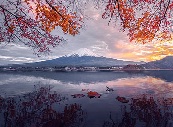 Fuji in an autumn day,Japan, Autumn, Leaves, Snow, Trees, Water, Mountains, Sky HD wallpaper