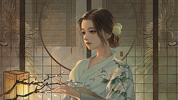 Girl, kimono, frumusete, art, asian, gorgeous, primavara, spring, superb, fantasy, light, face, chikoto, luminos, lantern HD wallpaper