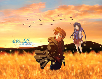 Hope's Dream, Mai, Kawasumi, Yuuichi Aizawa, Field, Big Eyes, Mai Kawasumi, Aizawa, Sunset, Purple Hair, Kanon, Anime, Yuuichi, White Lights, Seifuku, Brunette, School Uniform, Couple, Long Hair, Birds HD wallpaper