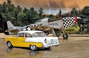 Mustang and Chevy, lightning, car, fighter, plane, mustang, chevy HD wallpaper