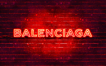 Balenciaga red logo, , red brickwall, Balenciaga logo, brands, Balenciaga neon logo, Balenciaga HD wallpaper