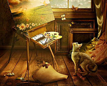 Cat, painting, butterfly, window, animals, paint HD wallpaper