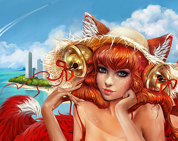 Summer fox, blue, sweet, bell, frumusete, girl, fox, orange, hand, alexandra cvetkova, summer, fantasy, face, luminos HD wallpaper