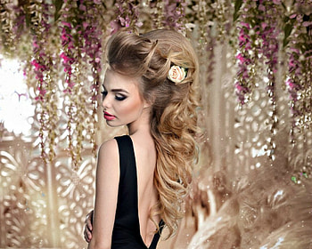 Alisa Denisovna, black, model, blonde, girl, woman, pink, wisteria, flower HD wallpaper