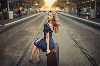 Blonde Girl Sitting Suitcase Train Station , blonde, girls, model HD wallpaper