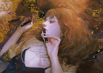 Beautiful dreamer, face, redhead, girl, meng yuan, dreamer, frumusete, art, pearls jewel, jewel, fantasy, pearls, luminos HD wallpaper