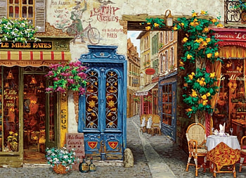 Rue Lafayette, artwork, painting, restaurants, path, flowers, shops HD wallpaper