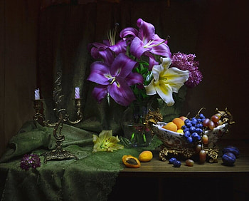 Still life, Candle, Fruits, Grapes, Lilies, Candlestick HD wallpaper