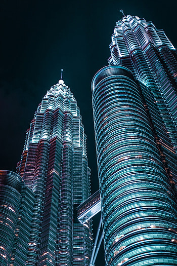 Cities, Night, Architecture, Skyscrapers, Backlight, Illumination, Bottom View HD phone wallpaper